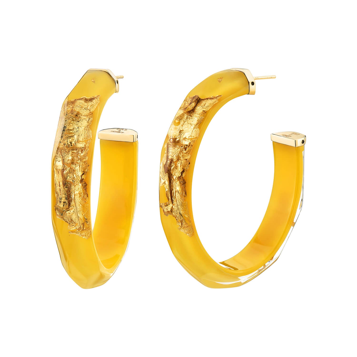 Large Faceted Gold Leaf Lucite Hoops in Neon
