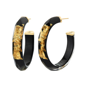 24K Gold Leaf Faceted Large Lucite Hoops - BLACK