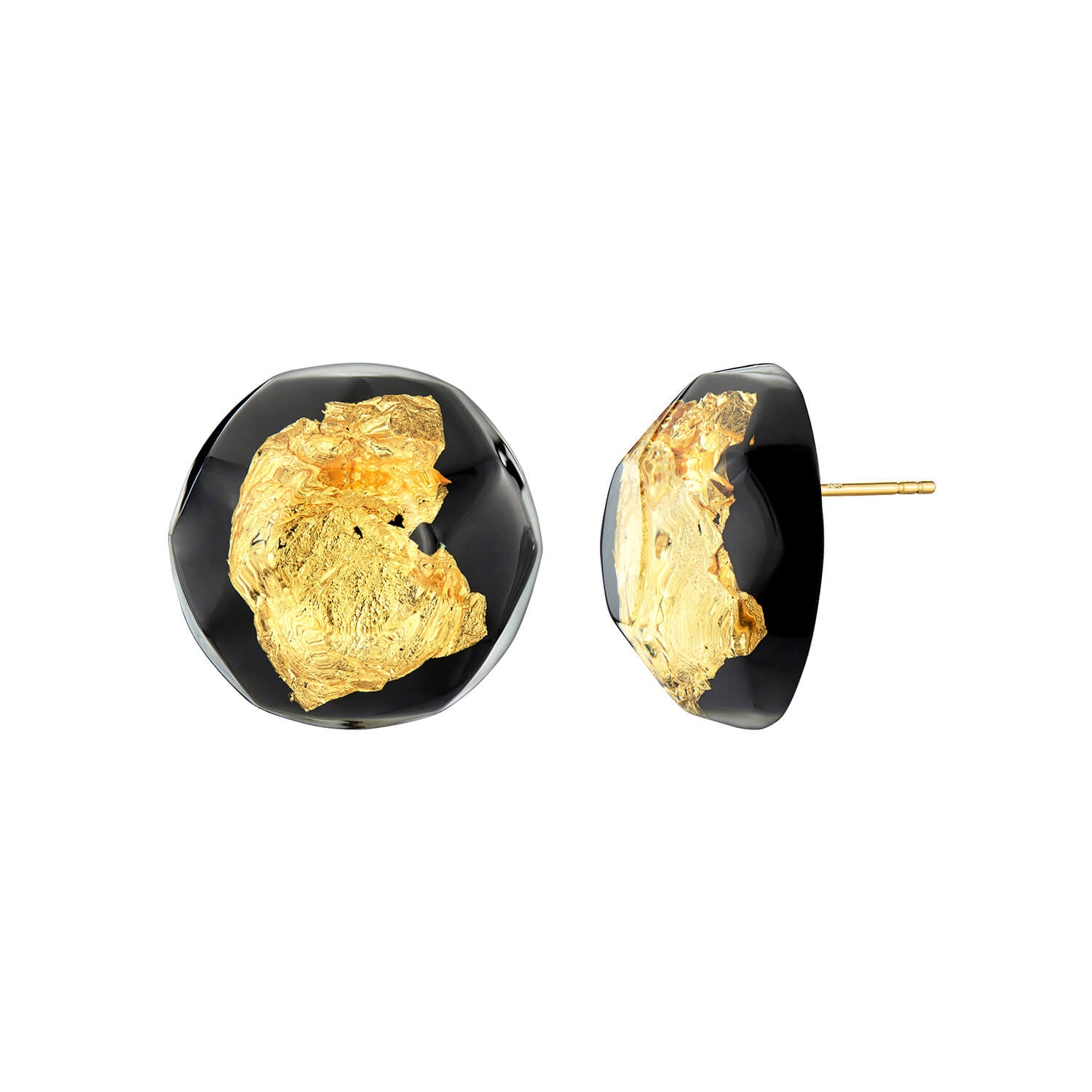 24K Gold Leaf Button Stud Earrings - Black