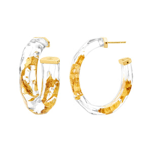 24K Gold Leaf Faceted Medium Lucite Hoops - CLEAR