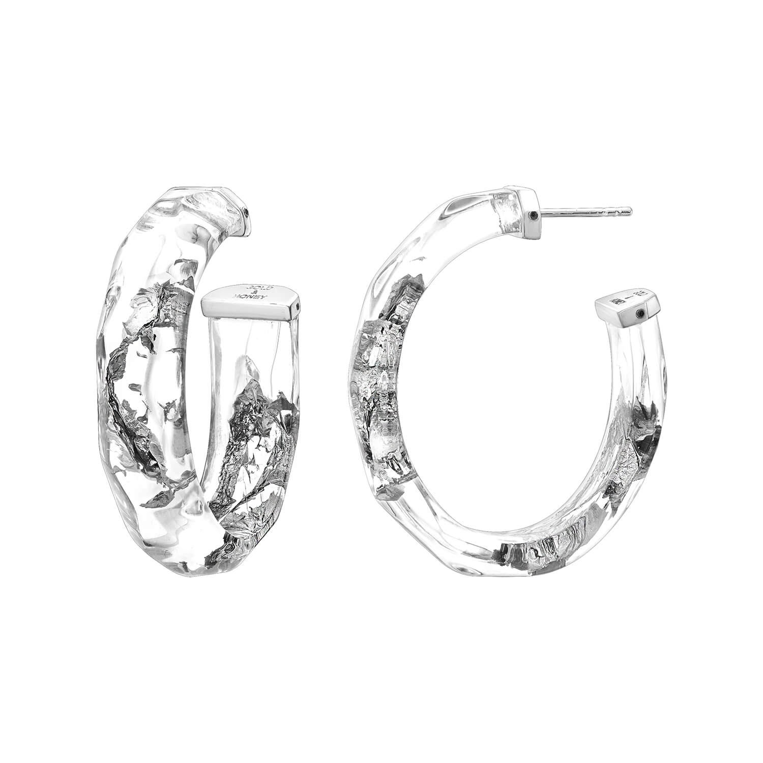 Silver Leaf Faceted Medium Lucite Hoops - CLEAR