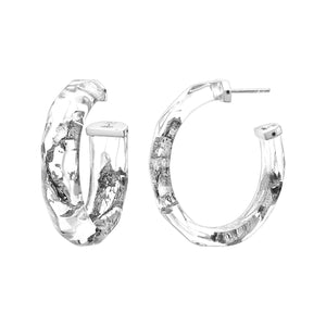 Silver Leaf Faceted Medium Lucite Hoops - CLEAR