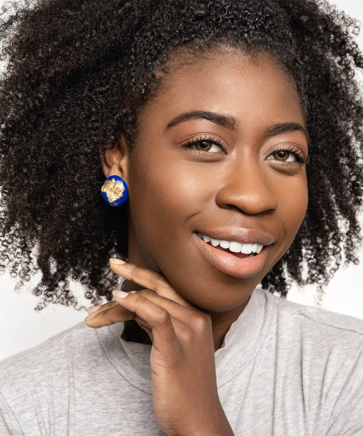 24K Gold Leaf Button Stud Earrings - Blue