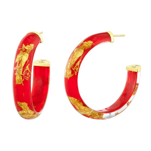 Holiday Earrings Red Gold Leaf Hoops