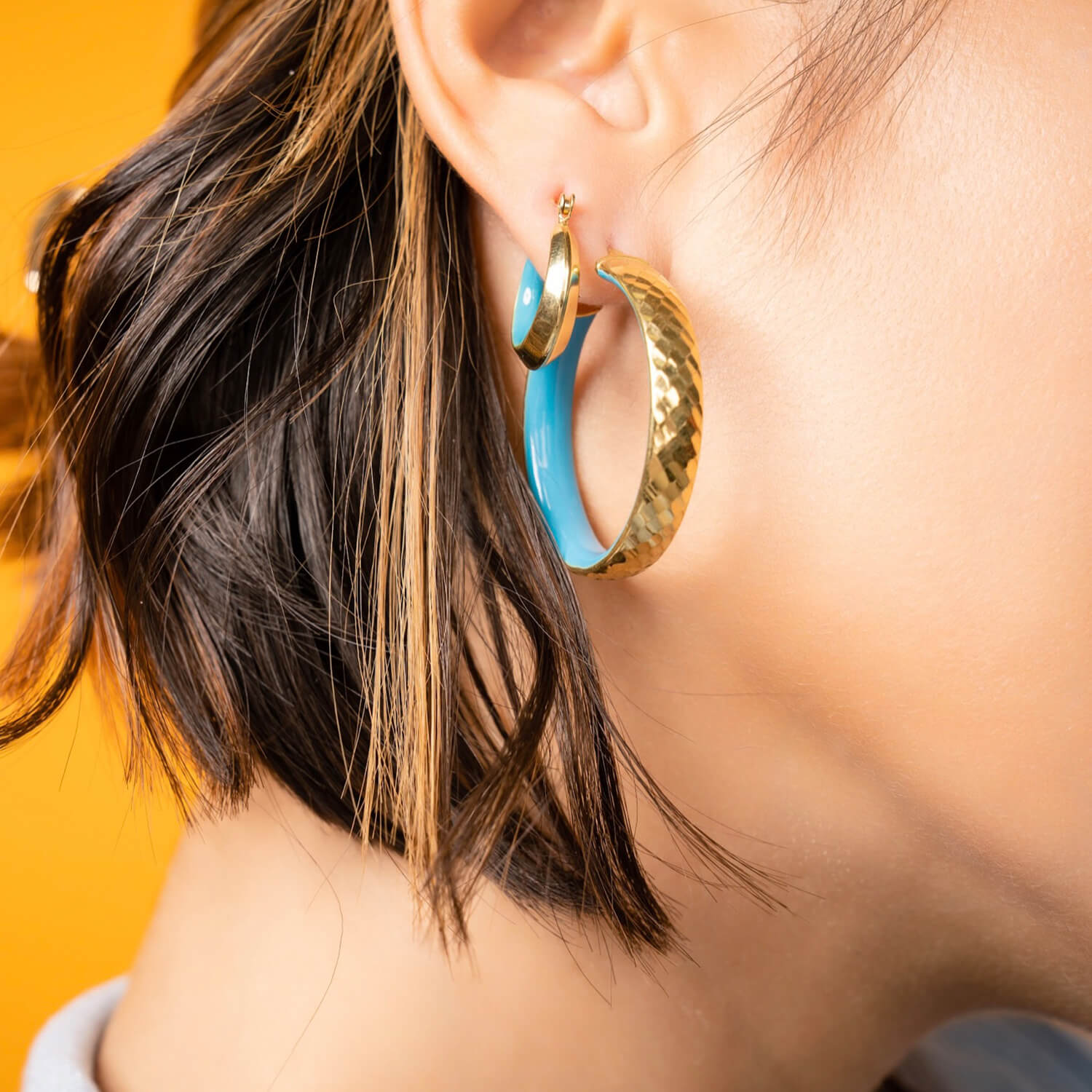 Blue Enamel Hammered Hoop Earrings